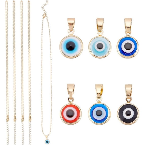 6 Pcs Mixed Color Resin Evil Eye Pendants with Iron Cable Chains Turkish Eye Necklace Lucky Jewelry for Jewelry Making