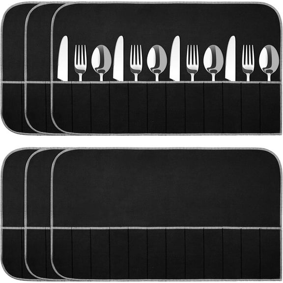 6 Pcs Modern Anti Tarnish Silver Storage Bags Velvet Fabric Flatware Organizer Black Silverware Storage Roll With White Ribbon