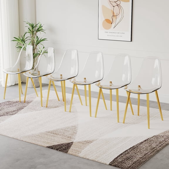 6 Pcs Modern Simple Gold Transparent Dining Chair Metal Feet Plastic Chair Armless Crystal Chair Scandinavian Style Cosmetic Stool Negotiation Chair
