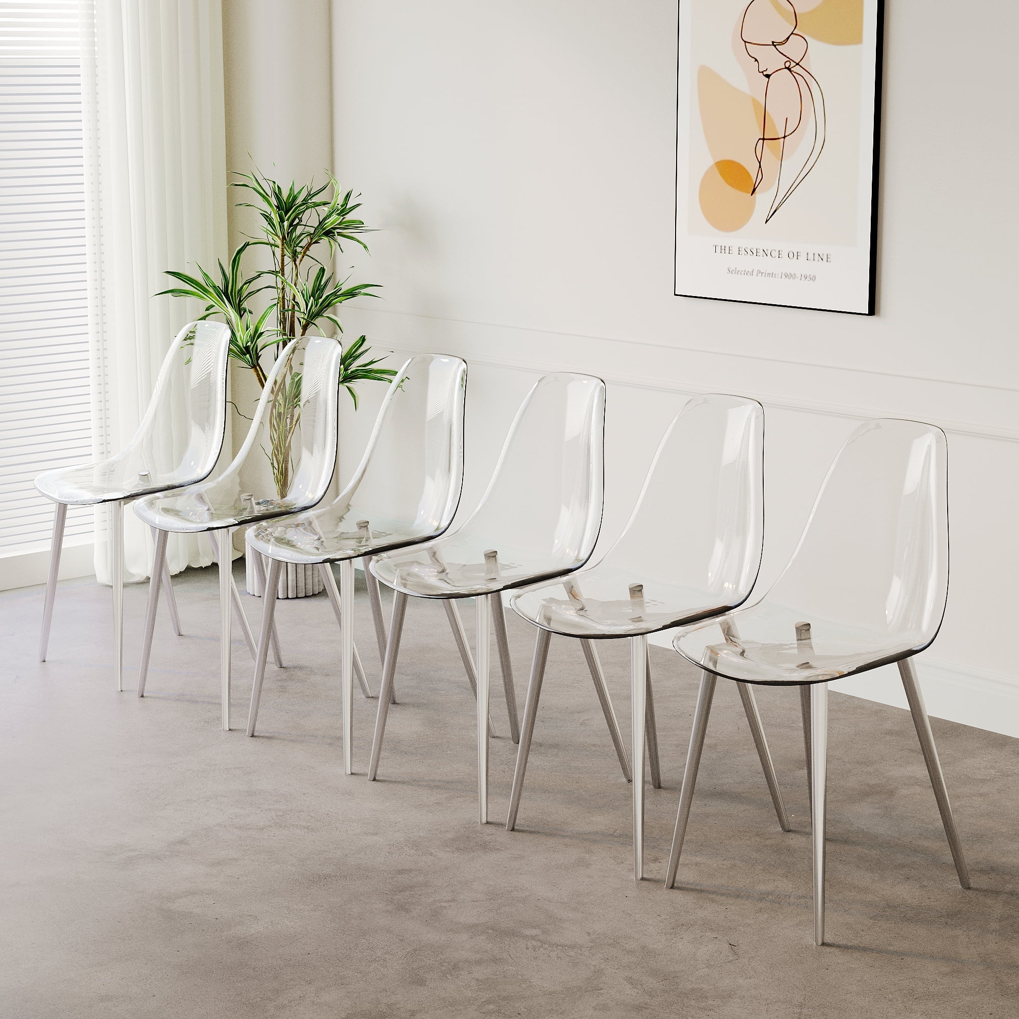 6 Pcs Modern Simple Silver Transparent Dining Chair Metal Feet Plastic Chair Armless Crystal Chair Scandinavian Style Cosmetic Stool Negotiation Chair
