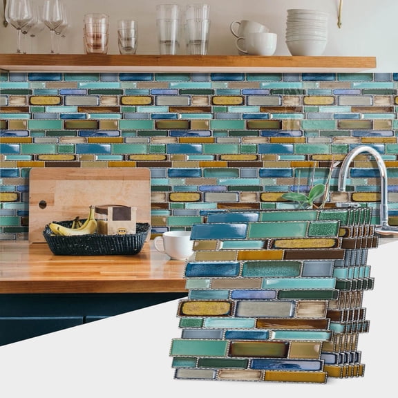 6 Pcs Multicolor Brick Mosaic Pattern Tiles Stickers Wall Decals 12" x 12" Waterproof Peel and Stick Kitchen Backsplash DIY Decor Sticker