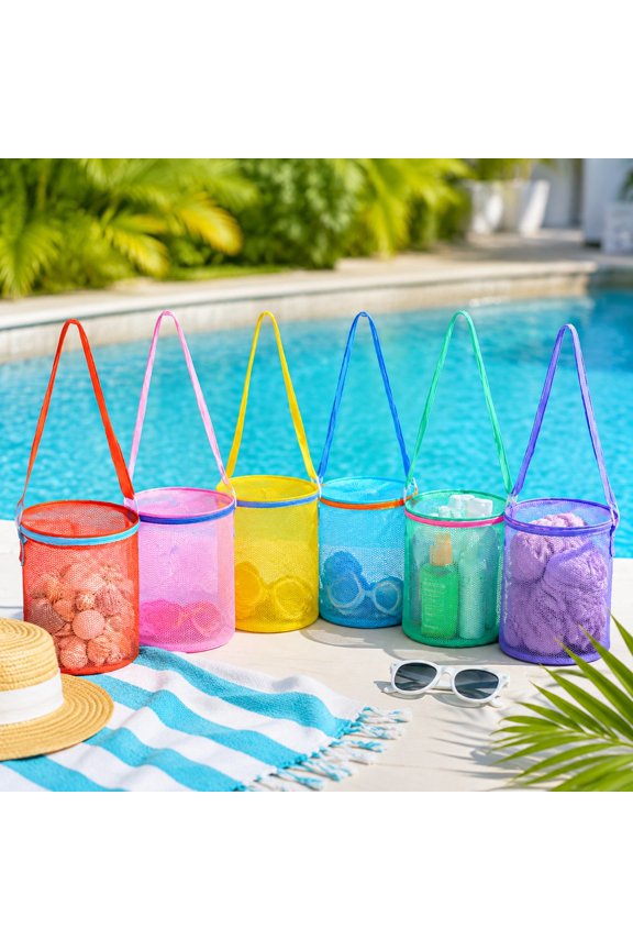 6 Pcs Multicolor DoubleLayer Mesh Beach Storage Bags, Quick Dry Adjustable Crossbody Seashell Collector Pouches, Foldable Polyamide Mesh Organizer for Beach Trips, Vacation Toy Sundries Storage