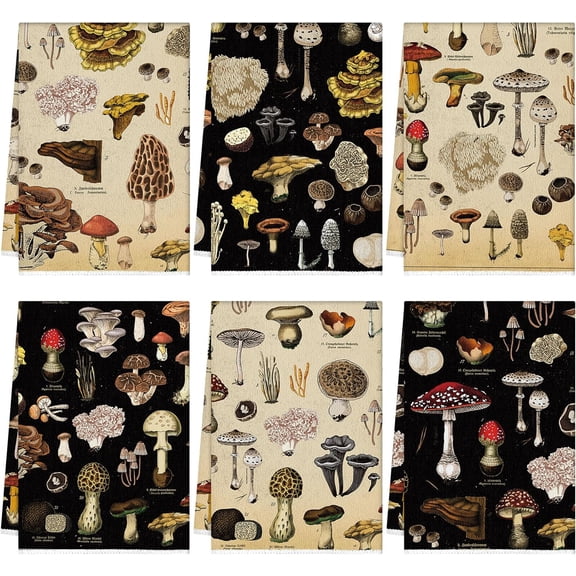 6 Pcs Mushroom Kitchen Towels Set Vintage Mushroom Dish Cloth Cottage Core Rustic Style Hand Tea Towels Black Absorbent Farmhouse Whimsical Home Decor for Cooking Baking Housewarming Gift