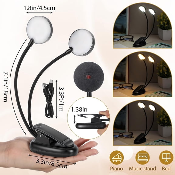 6 Pcs Music Stand Lights, 18 LED Clip on Piano Light, USB and AAA Battery Operated, Dual Head LED Book Reading Lamps, 3 Brightness Levels for Musician, Piano, Orchestra, Guitar