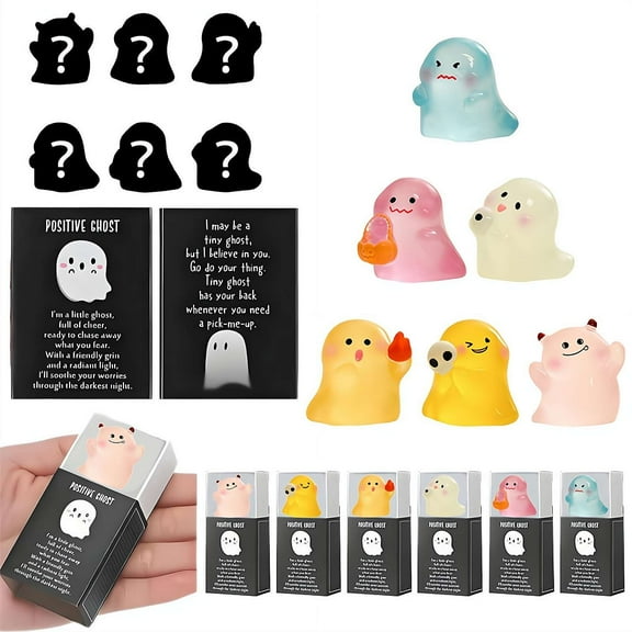 6 Pcs Mystery Glow-in-the-Dark Mini Ghost Figures, Collectible Resin Halloween Figurines, Cute Blind Box Toys for Desk Shelf Party Décor