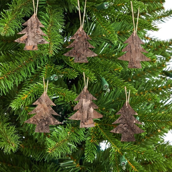 6 Pcs Natural Bark Wooden Christmas Ornaments, Rustic Wood Slice Tree Pendants for Xmas Tree Indoor Festive Home Decoration, Brown, 3.82 x 3.43 Inch