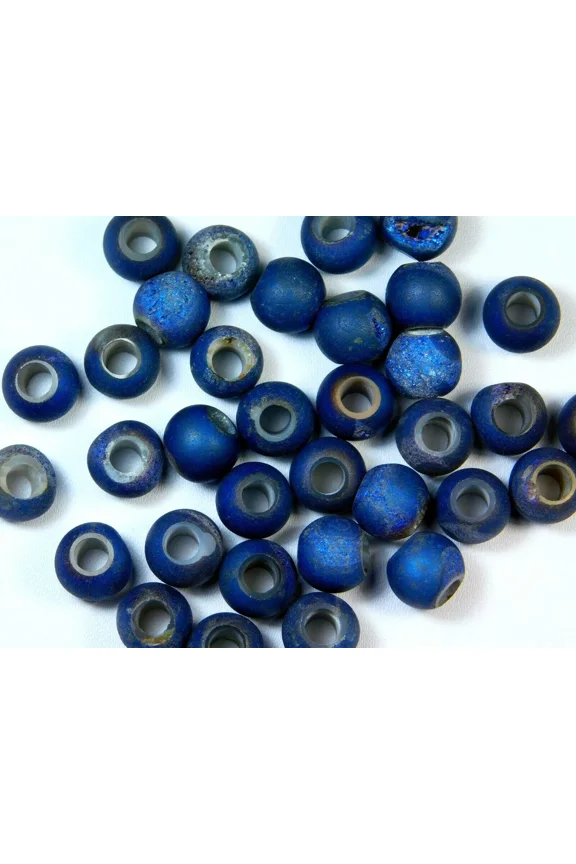 6 Pcs - Natural Velvet Blue Druzy Coated Plain Round Ball Large Hole Charm Beads