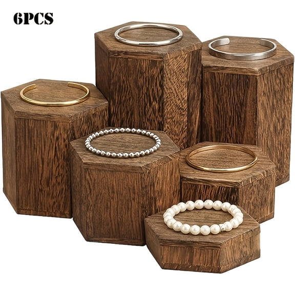 6 Pcs Natural Wood Display Risers Hexagon Tiered Wooden Stand Set Multi Height Jewelry Display Organizer for Retail Shelf Home Decor Jewelry Figurine Product Showcase Tabletop Decoration