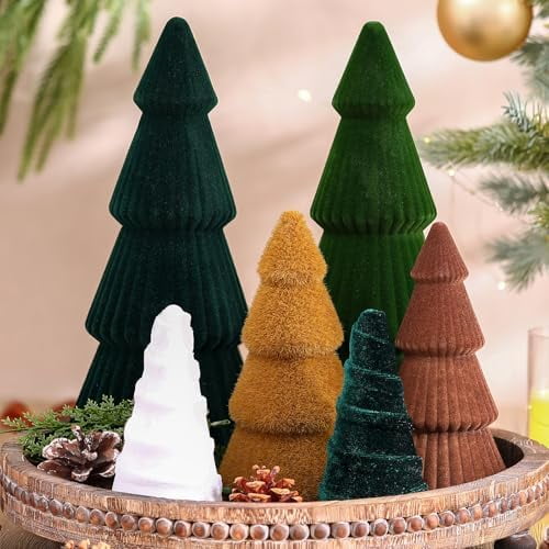 6 Pcs Neutral Velvet Christmas Tree Decoration Modern Christmas Cone Trees Decoration Minimalist Flocked Tabletop Centerpieces for Xmas Winter Holiday Entryway Table Mantel Party
