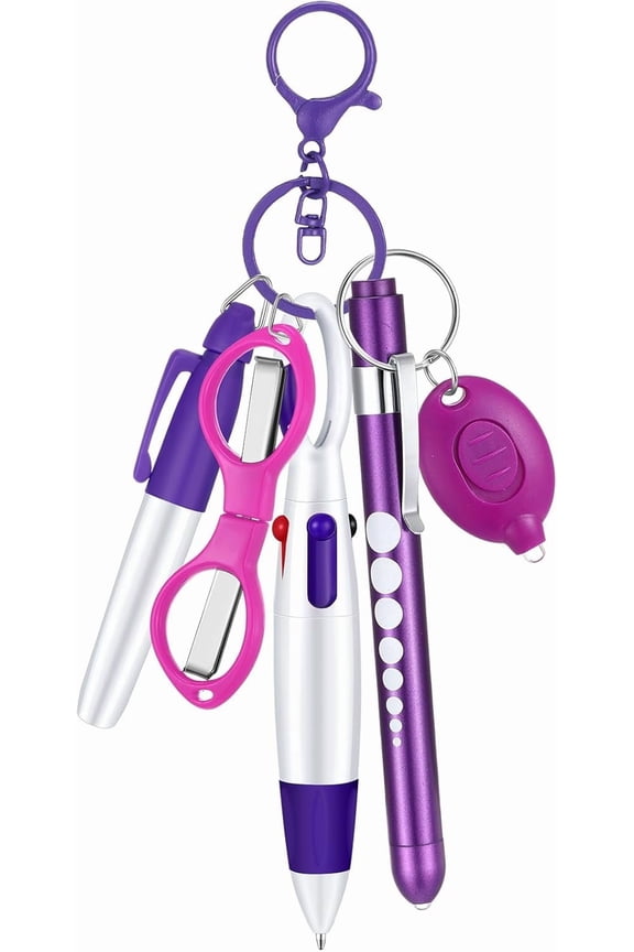 6 Pcs Nurse Pen Set Include Permanent Marker Pen Retractable Ballpoint Pen Keychain Clip Foldable Scissors Lights LED Flashlight Keychain for Nurse Accessories.