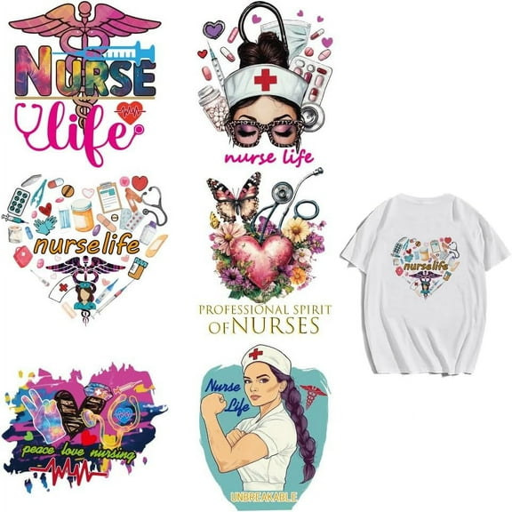 6 Pcs Nurse Theme Iron on Decals Patches Nurse Life Stethoscope Nurse Uniform Plastic Heat Transfer Stickers