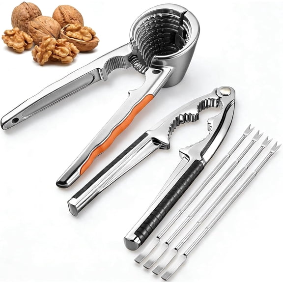 6 Pieces Nutcracker Set: Includes 2 nutcrackers and 2 picks; made of stainless steel; suitable for cracking nuts and shelling seafood.