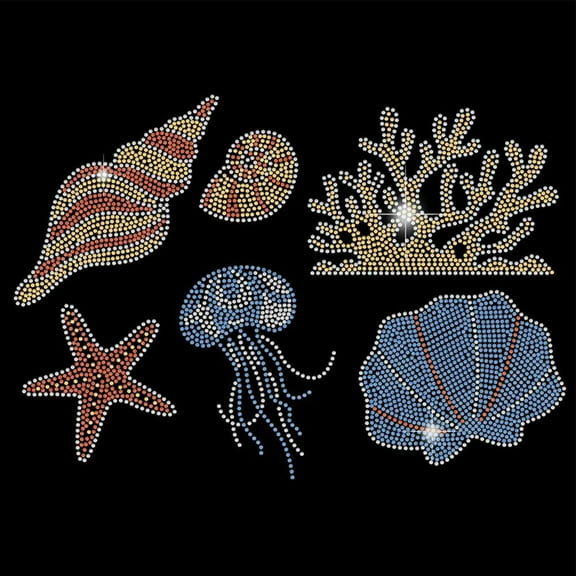6 Pcs Ocean Theme Iron on Rhinestones Transfer Scallop and Starfish Heat Transfer Stickers Iron on Decals Bling Rhinestone Patches for T-Shirt Clothing Bag DIY Art Craft 21x29.7cm Colorful DIY