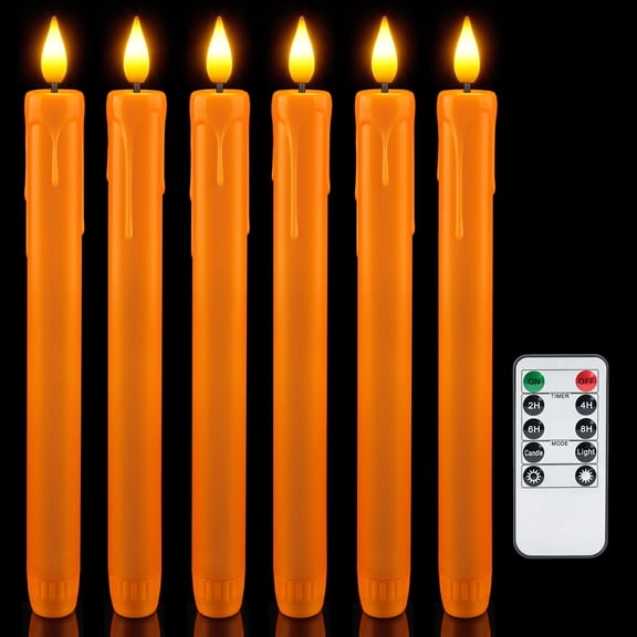 6 Pcs Orange Flameless Taper Candles with Remote, Timer, Dimmer, Battery Operated CandleSticks with Flickering Light, Plastic Led Window Candles, for Halloween Decoration 9.6 Inches