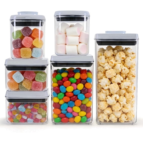6 Pcs POP Container Set, Airtight Food Storage with Lids, Push Button Seal BPA-Free Set for Pantry, 0.65QT/0.7QT/1.8QT/2.4QT for Bulk Dry Food, Cereal, Flour, Sugar, RV Kitchen Storage