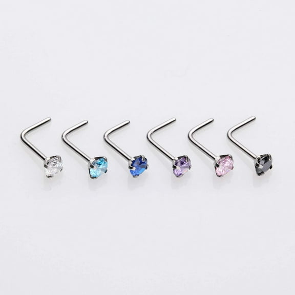 6 Pcs Pack of Assorted Color Prong Set Gemstone L-Shaped Nose Rings
