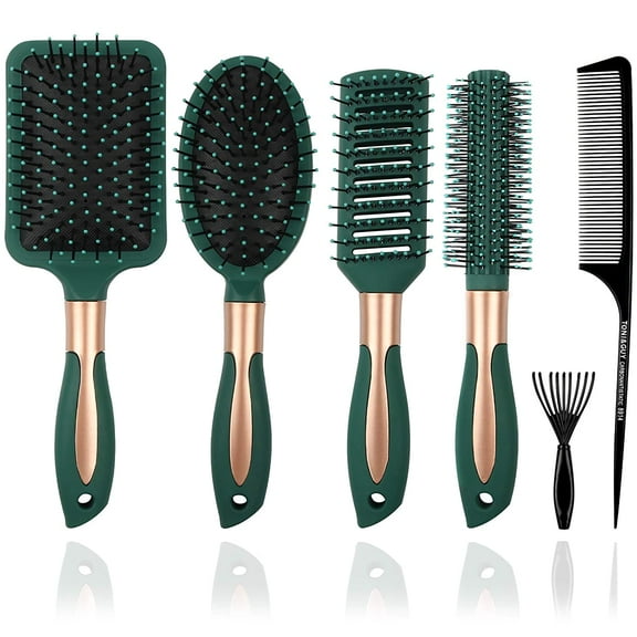 6 Pcs Paddle Hair Brush Comb Set,Detangling Hairbrush Anti Static Massage Oval Comb Hair Styling Tools for Women Men Kid All Wet or Dry Hair(Dark Green)