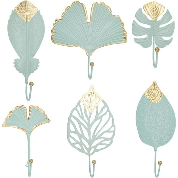 6 Pcs Painted Iron Wall Hooks Light Green Non-Punched Wall Hooks Decorative Leaf Iron Hooks Botanical Single Claw Coat Rack for Room Living Room Decoration