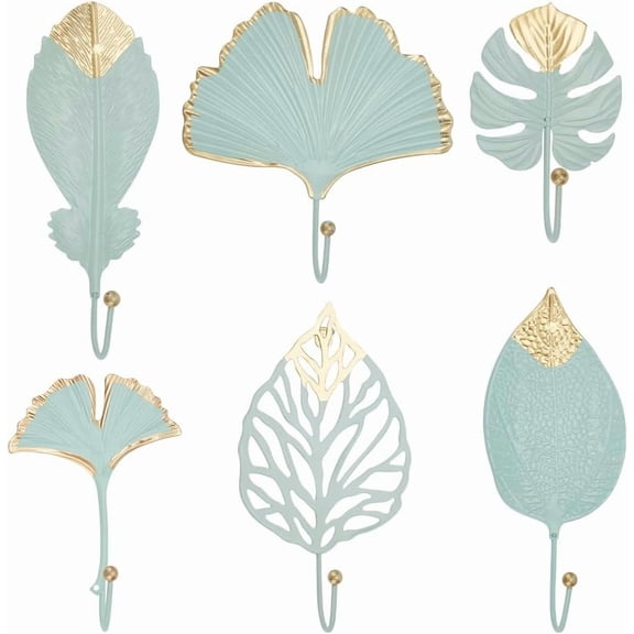 6 Pcs Painted Iron Wall Hooks Light Green Non-Punched Wall Hooks Decorative Leaf Iron Hooks Botanical Single Claw Coat Rack for Room Living Room Decoration