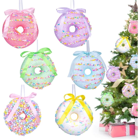 6 Pcs Pastel Donut Candy Land Christmas Ornaments Set, Assorted Cute Macaron Color Doughnut Dessert Hanging Pendant Decorations for Xmas Tree, Kids Birthday Party, Home Holiday Decor Supplies
