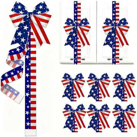 6 Pcs Patriotic Cabinet Bows for 4th of July Decorations, American Flag Stars and Stripes Kitchen Ribbon Bows with Hook & Loop Closure for 250th Anniversary Independence Day, Memorial Day Supplies(M)