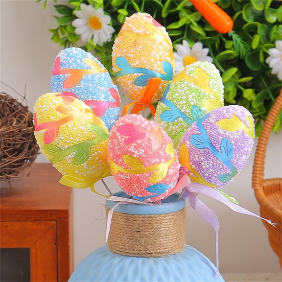6 Pcs Patterned Foam Easter Egg Cuttings,Reusable Hanging Ornaments with Ribbons for Easter Tree Decorations, Festive Party Home Scene Layout Supplies