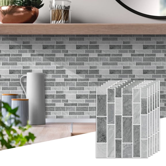 6 Pcs Peel and Stick Black Gray Tiles Wall Stickers Marbling 9" x 6.7" Geometric Stripe Mosaic Brick Decals Self Adhesive Waterproof Backsplash