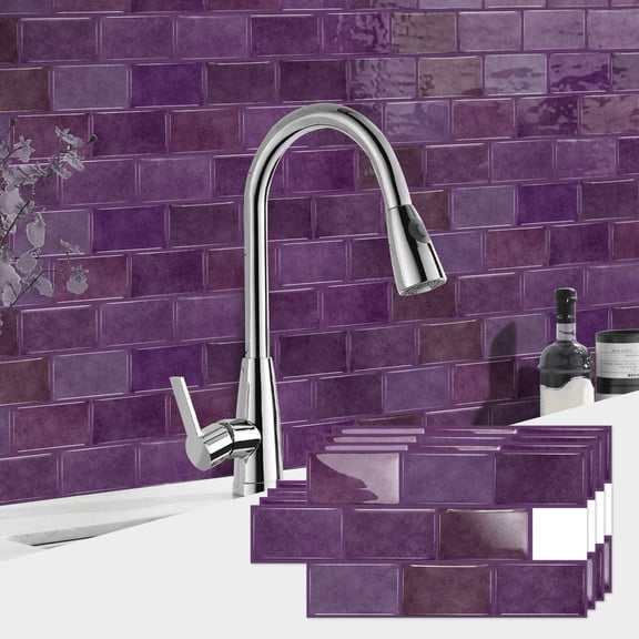 6 Pcs Peel and Stick Purple Marbling 3D Tiles Stickers 6 x 12inch DIY Decor Wall Decals Self Adhesive Waterproof Kitchen Backsplash