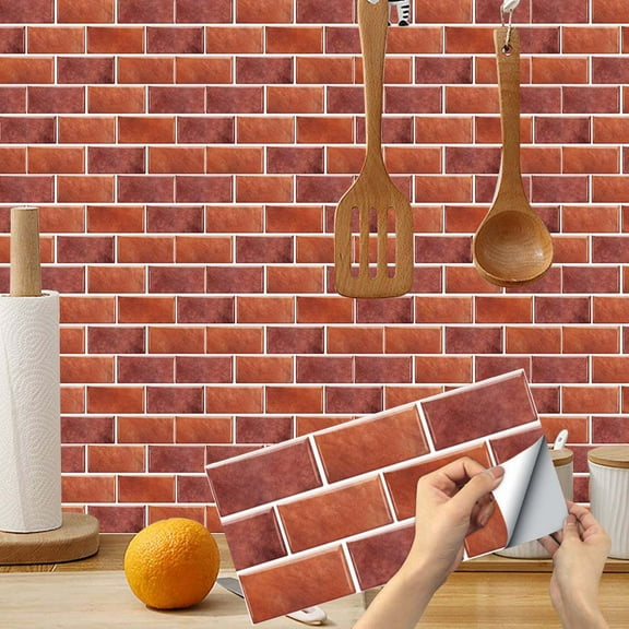6 Pcs Peel and Stick Tiles Stickers Decals 11.8 x 5.9" Waterproof Vinyl Red Mosaic Brick Wall Sticker Kitchen Backsplash