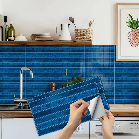 6 Pcs Peel and Stick Tiles Stickers Wall Decals 11.8 x 5.9" Waterproof Vinyl Blue Stripe Mosaic Brick Marbling Pattern Kitchen Backsplash