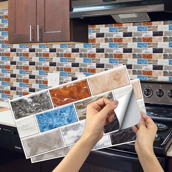 6 Pcs Peel and Stick Tiles Wall Stickers 11.8 x 5.9" Waterproof Removable Vinyl Multicolor Mosaic Brick Decals Kitchen Backsplash
