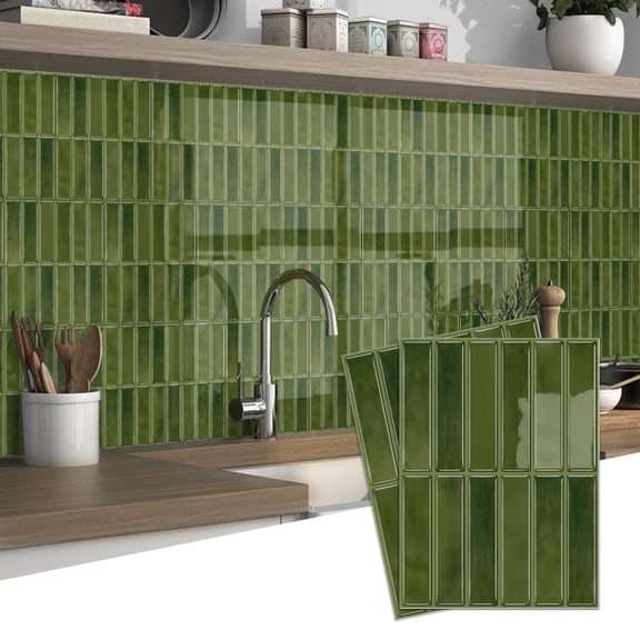 6 Pcs Peel and Stick Tiles Wall Stickers Geometric Stripe Pattern 6.7" x 9" Green Marbling Brick Decals Self Adhesive Waterproof Kitchen Backsplash