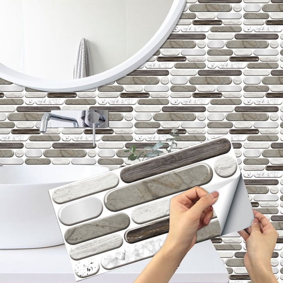 6 Pcs Peel and Stick Waterproof Tiles Stickers 11.8x5.9inch Brown Gray White Marbling Wall Decals Self Adhesive Backsplash Kitchen DIY Decor