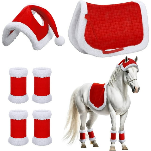 6 Pcs Pet Horse Christmas Hat,Holiday Santa Leg Wraps with Faux Fur,All-Purpose Western Saddle Pad,Xmas Horse Costume Accessories,for Dressage,Jumping & Training