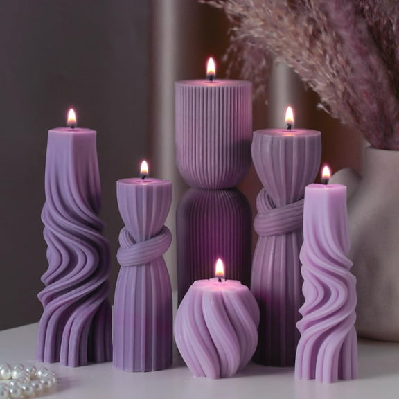 6 Pcs Pillar Candles Modern Aesthetic Ribbed Decorative Candle Set Cute Soy Wax Scented Ribbed Decor for Home(Purple,2.36-6.89 Inch)