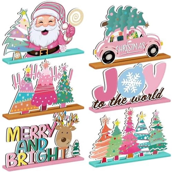 6 Pcs Pink Christmas Table Decorations Pastel Wooden Table Centerpieces Christmas Tree Santa Claus Hohoho Joy to The World Reindeer Xmas Tabletop Home Signs for Xmas Holiday Party Supplies