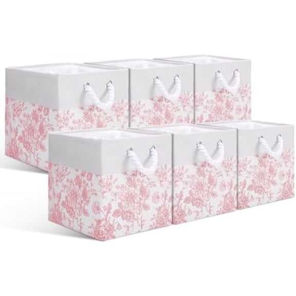 6 Pcs Pink Floral Cube Storage Bins 11.22 Inch Square Storage Basket with Handle, Preppy Girls Organizer Basket, Collapsible Fabric Box for Classroom Bedrooms Office Home Decoration Gift
