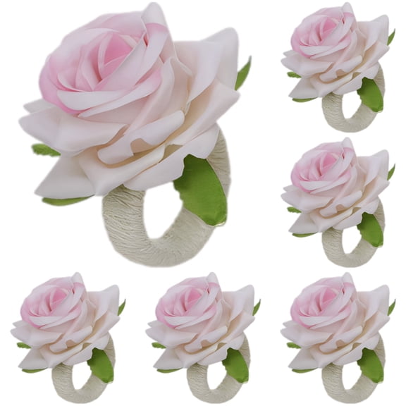 6 Pcs Pink Rose Flower Napkin Rings, 3.1 x 2.4 in Decorative Artificial Floral Napkin Rings with 1.8 in Rope Loop, Hand-Made for Dining Table Decoration, Wedding, Banquet, Birthday, Valentine's Day