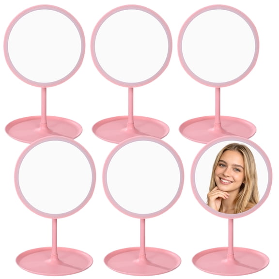 6 Pcs Pink Round Makeup Mirror Set, 6.9 Inch Glass Face Vanity, Portable Lightweight Plastic Desktop Accessory, Ideal For Spa Parties And Birthday Favors