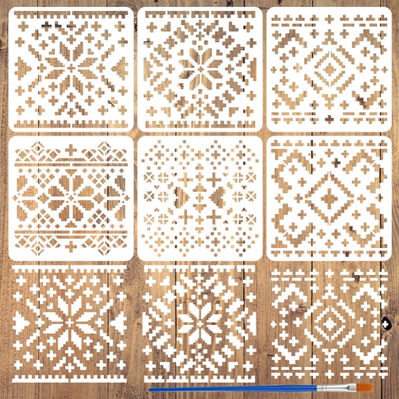 6 Pcs Pixel Geometry Painting Stencil with Brush 5.9x5.9inch 6 Styles Sweater Patterns Drawing Template Geometric Theme Decoration Stencil