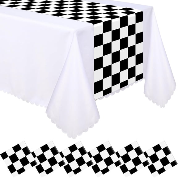 6 Pcs Plastic Checkered Table Runner 14 x 108 Inch Racetrack Road Table Runner for Two Fast Car Theme Birthday Racing Party Decor Events Supplies (Black White Checkered)