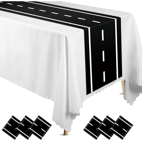 6 Pcs Plastic Checkered Table Runner 14 x 108 Inch Racetrack Road Table Runner for Two Fast Car Theme Birthday Racing Party Decor Events Supplies (Race Road)