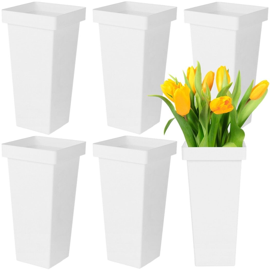 6 Pcs Plastic Flower Buckets, 13.4in White Square Flower Display