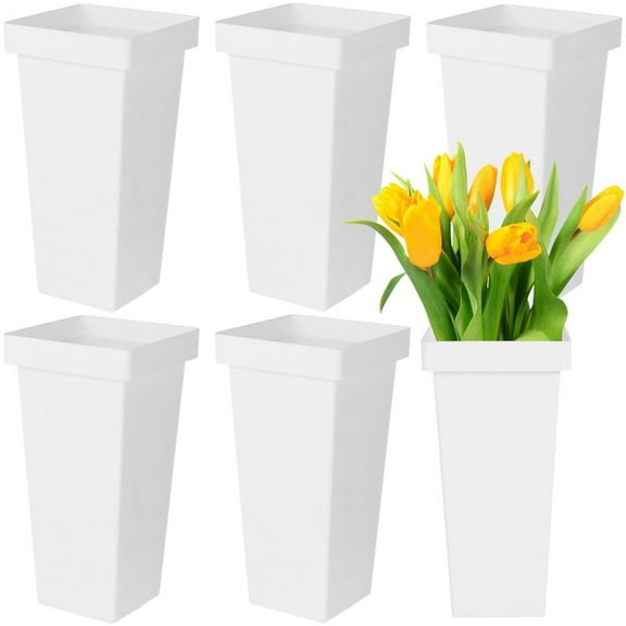 6 Pcs Plastic Flower Buckets, 13.4in White Square Flower Display Buckets, Modern Floral Vases for Cut Flowers, Tall Decorative Vases for Centerpieces, Stylish Buckets for Home, Wedding Decor