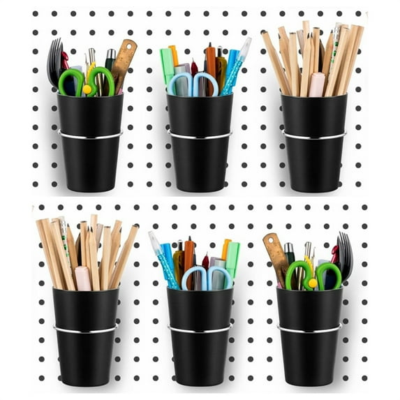 6 Pcs Plastic Hole Plate Storage Cup,Pegboard Bins with Metal Hooks,Wall Organizer Cup for Tools Ruler Pen Toothbrush (Black)