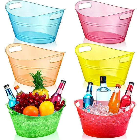 6 Pcs Plastic Ice Buckets Bulk with Handles 4.5L Oval Storage Tub Large Capacity Ice Drink Bucket for Halloween Party Bar Wine Beer Champagne Beverage Bottle Cooler(4.5 L,Multicolor)