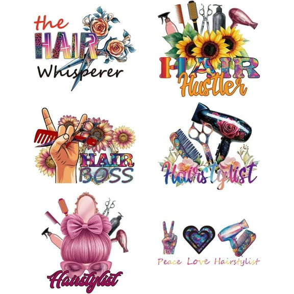 6 Pcs Plastic Iron-On Transfer Logo Stickers Colorful Personalized Hairdressing Tools Pattern Heat Transfer Film Sticker Set DIY Hat Jacket t-Shirt Curtain Decoration Accessories for diy