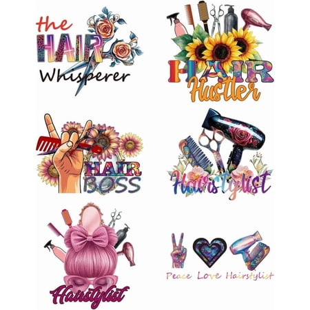 6 Pcs Plastic Iron-On Transfer Logo Stickers Colorful Personalized Hairdressing Tools Pattern Heat Transfer Film Sticker Set DIY Hat Jacket t-Shirt