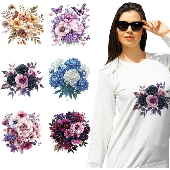 6 Pcs Plastic Iron-On Transfer Stickers Botanical Flower Theme Pattern Heat Transfer Film Sticker Set for DIY T-Shirt Bags Hats Jackets Clothing Curtains Decorative Accessories diy