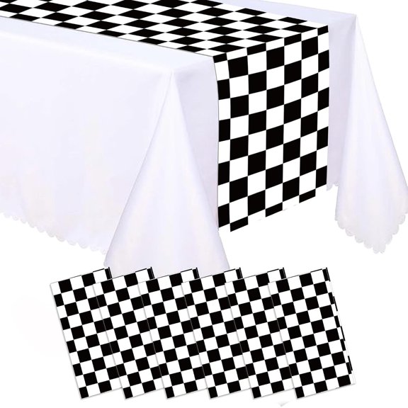 6 Pcs Plastic Race Car Table Runners - 14x108 Inch Black & White Checkered Table Runners Racetrack Road Table Cloths for Racing Theme Birthday Party, Disposable Waterproof Party Supplies